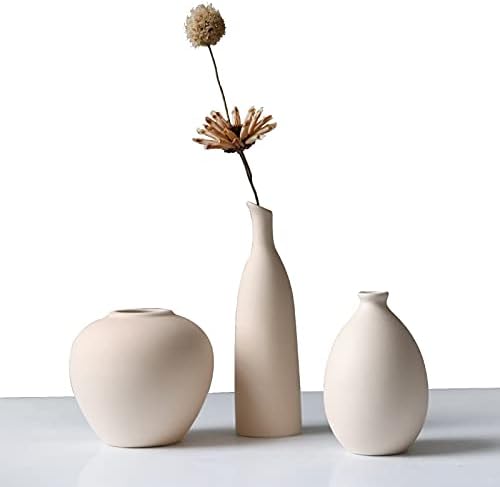 Abbittar Ceramic Vase Set of 3, Flower Vase Minimalism Style for Rustic Home Decor, Modern Farmhouse Decor, Living Room Decor, Shelf Decor, Table Decor, Bookshelf, Mantel and Entryway Decor - Beige