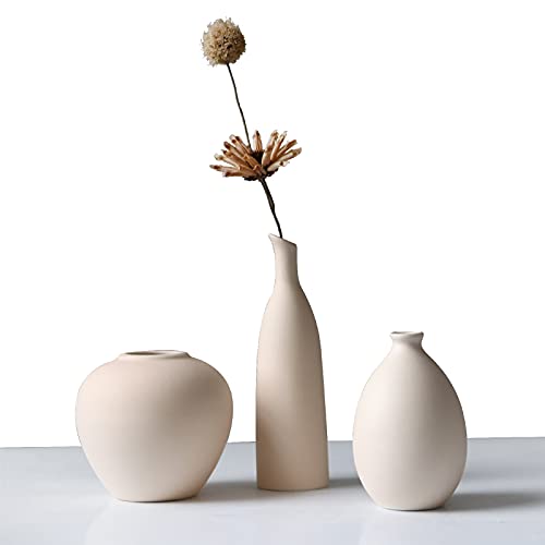 Abbittar Ceramic Vase Set of 3, Minimalist Flower Vase for Rustic, Modern Farmhouse, Living Room, Shelf, Table, Bookshelf, Mantel and Entryway Decor – Beige