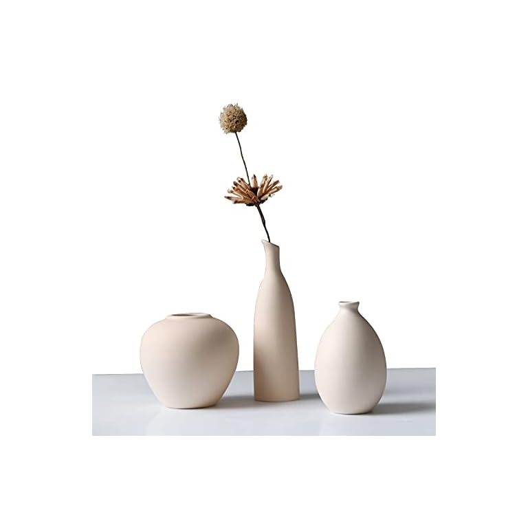 Abbittar Ceramic Vase Set of 3, Small Flower Vases for Rustic Home Decor, Modern Farmhouse Decor, Living Room Decor, Shelf Decor, Table Decor, Bookshelf, Mantel and Entryway Decor - Beige