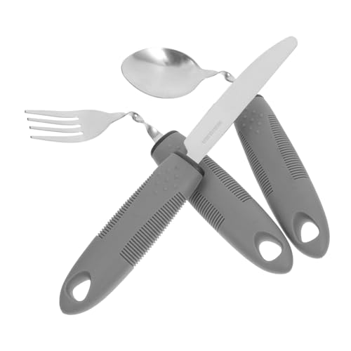 CIYODO Elderly Adaptive Utensils Set Curved Handle Spoon Fork Spoon against Hand Tremors Utensils Gray Large Handle for Comfortable to Hold