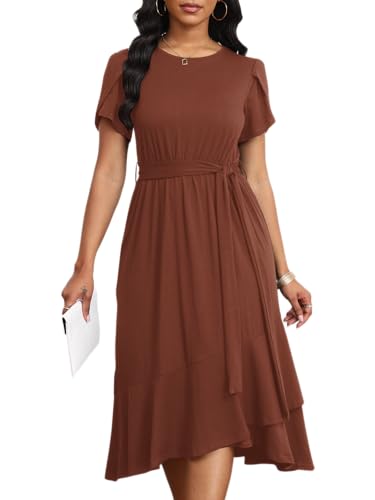 Image of PerZeal Women's Summer Dress Casual Ruffle Sleeve Crewneck A-Line Tiered Flowy Short Sleeve Long Dress with Belt