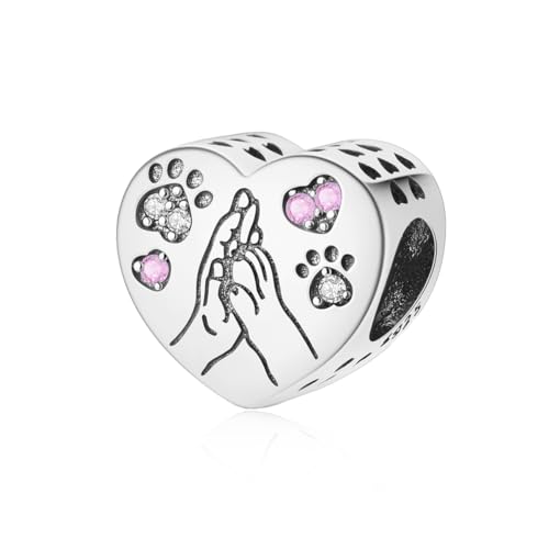LMLMECREA Herz Charms Anhänger 925 Sterling Silber mit High Five Pfote & Hand Design - Niedlicher Hunde Charm für Europäische Armbänder - Geschenk für Hundeliebhaber & Tierfreunde