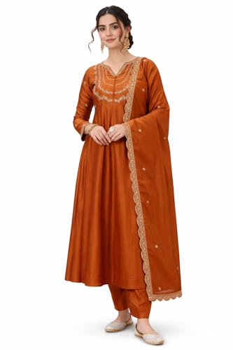 Image of Yashika Women's Silk Blend Embroidered Anarkali Kurta Set with Dupatta | Full Length Ethnic Wear for Women | Wedding
