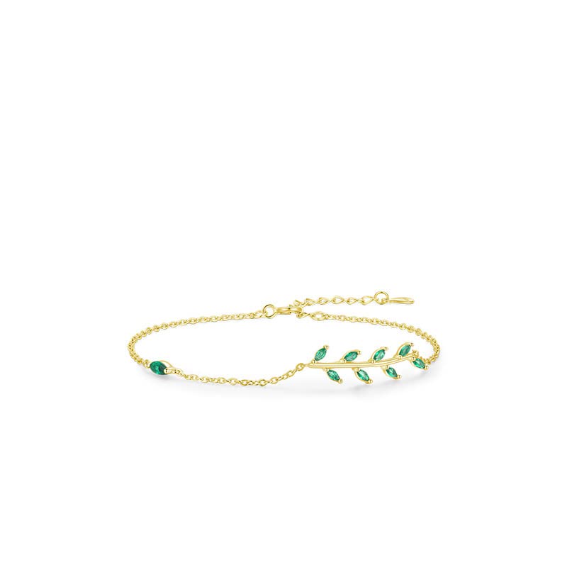 Delicate Moissanite Leaf Bracelet - Trendy Classic Design Bracelet with 14K Gold and Emerald Stones - Mother's Day Gift