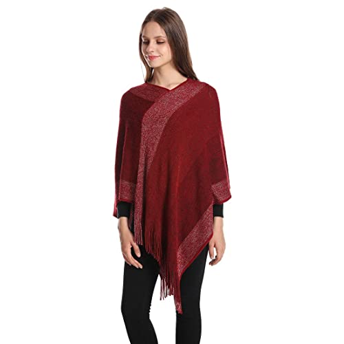 Image of Women's Elegant Knitted Shawl Poncho with Fringed V-Neck Striped Sweater Pullover Cape Gifts for Women Mom