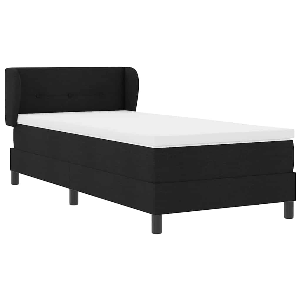 Cama con somier con colchón negro, 90 x 190 cm, tejido de tela, cabecero regulable en altura, colchón de muelles ensacados, superficie de descanso de firmeza media, madera y madera de pino