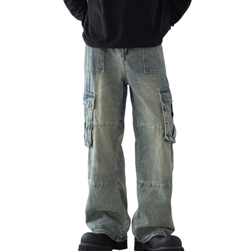 Men's Retro Denim Pants Mid-Rise Loose Wide-Leg Casual Straight Plus Size Stitching Trousers with Pockets