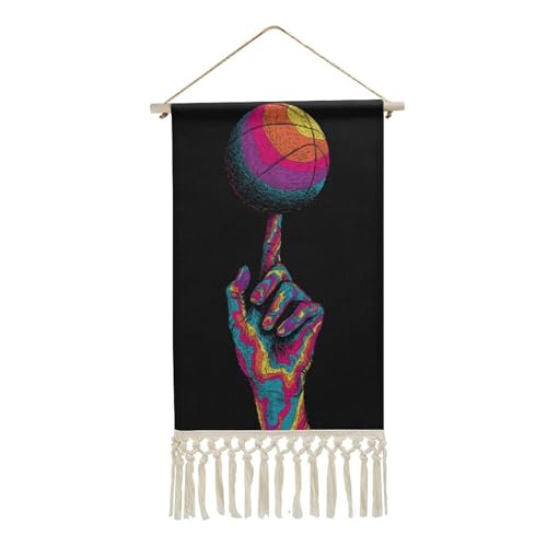 Jubonexis Arazzo da parete in lino, poster vintage da parete con nappa e asta in legno