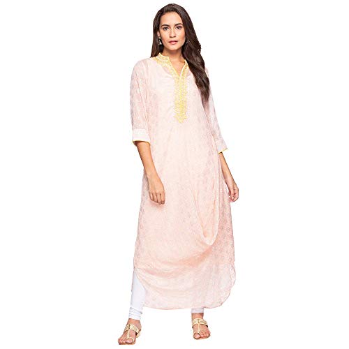 Image of BIBA Womens Mandarin Collar Printed Drape Side Kurta