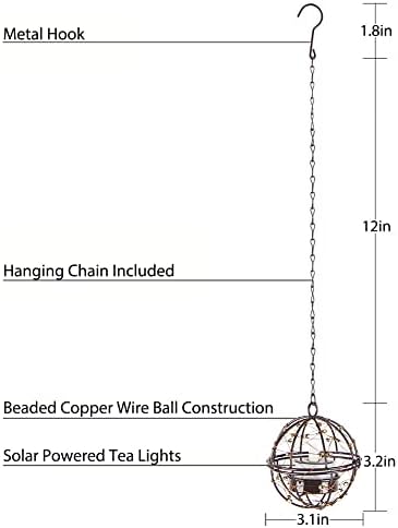 Solar Lights Outdoor Hanging Lanterns, ZHONGXIN Beaded Copper Wire Ball Candle Holder with Solar Tea Lights, Perfect for Home, Garden, Backyard, Pergola, Patio Umbrella, Tree, Window Decor-Set of 4
