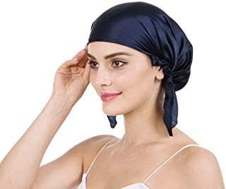 Savena 100% Mulberry Silk Night Sleeping Cap for Long Hair Bonnet Hat Smooth Soft Many Colors (Navy Blue)