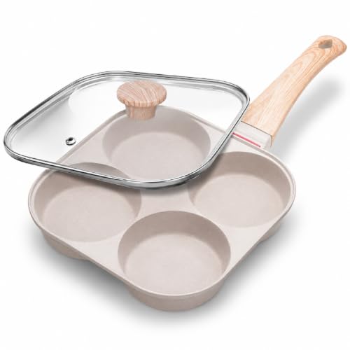 Image of Non-Stick 4-Hole Frying Pan for Cooking | Heavy-Duty Iron Egg Frying Pan with Wooden Handle | Multi-Section Omelette & Pancake Maker | Non-Stick Breakfast Skillet for Kitchen (White)