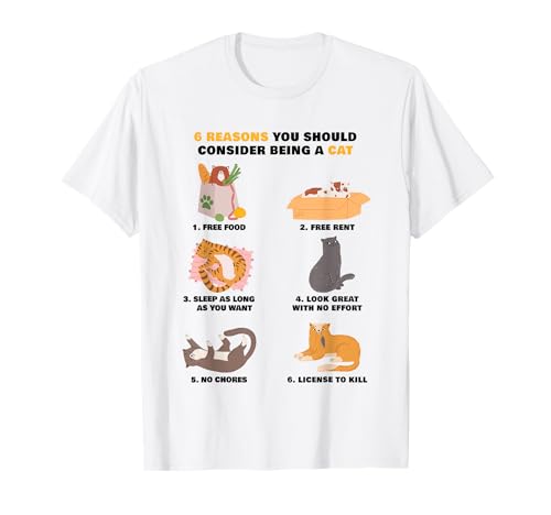6 REASONS YOU SHOULD CONSIDER BEING A CAT – Cute funny cartoon graphic. Great humor for men and women who love all types of cats.