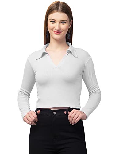 Image of Ribbed Polo Collar Full Sleeves Tops for Women