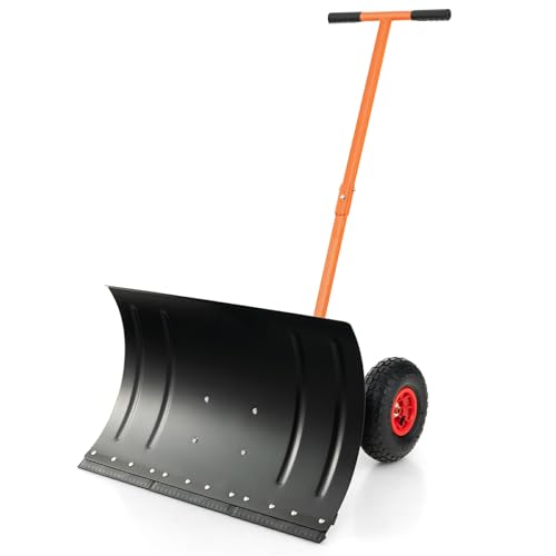 Pala de nieve con ruedas, empujador de nieve de metal resistente, 5 ángulos ajustables, quitanieves rodante para entrada, pavimento, jardín, césped (mango en forma de T)