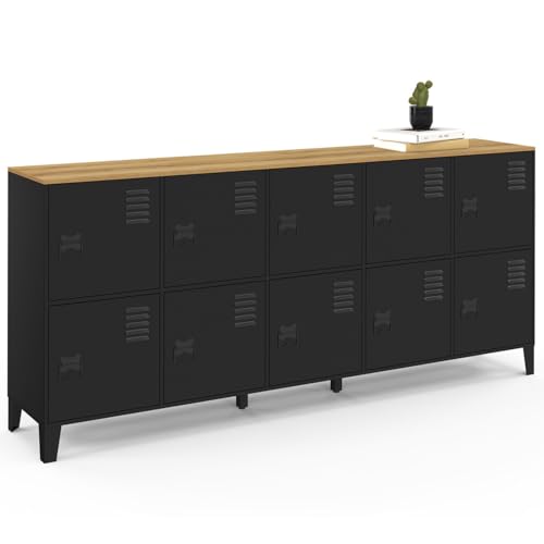 IDMarket – Aparador de armario 180 cm Ester 10 puertas de metal negro bandeja madera diseño industrial