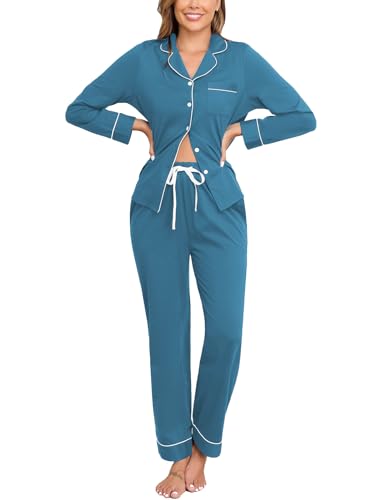 Image of Veseacky 100% Cotton Women's Pajama Set Long Sleeve Button Down Sleepwear Soft Pjs Lounge Sets Nightwear Pjs XS-XXL