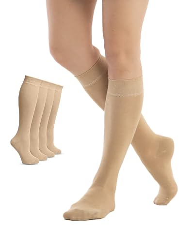 Fiera Besa Kniestrümpfe Damen 4 Paar Weich & Elastisch Ohne Naht Verstärkte Ferse & Zehen Made in Europe Bequem Atmungsaktiv Hellbeige Marineblau Schwarz Weiß 35-38 & 39-42