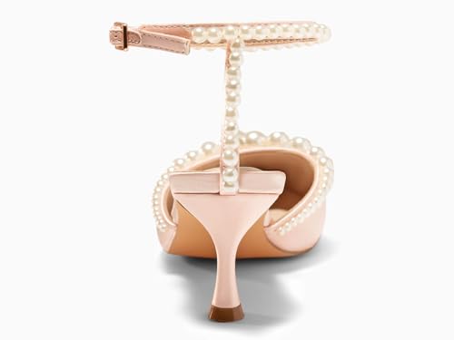 Image of Coutgo Womens Pearl Kitten Heels Closed Pointed Toe Wedding Bride Dress Shoes Ankle Strap Satin Pumps