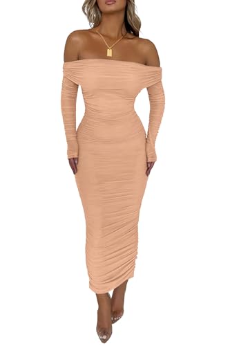 PRETTYGARDEN Women's Fall Off Shoulder Maxi Bodycon Dress Long Sleeve Ruched Fitted Club Dresses with Slit (Beige,X-Large)