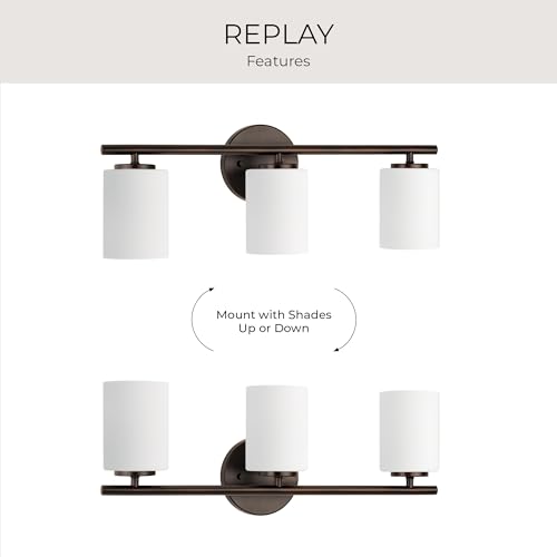 Image of Progress Lighting Replay Collection 3 Light Bathroom Vanity Light, Modern Bath Lighting Fixture with Etched White Glass Shades for Over the Mirror, Reversible Mounting, Antique Bronze