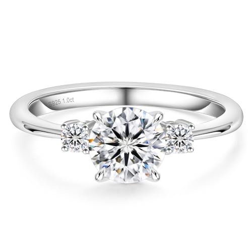 KRKC&CO Moissanite Rings for Women, 1.0 CT 3 Stones Lab Created Engagement Rings, D Color VVS1 Clarity, White Golden Plated S925 Sterling Silver, Promise