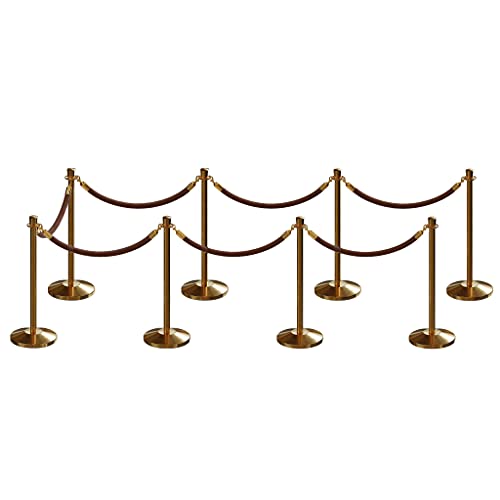 CCW Post and Rope Stanchion Kit with 8 Satin Brass Crown Top Posts and 7 Tan Heavy Duty Velvet Cotton Core Ropes (6ft.Each) in Satin Brass Snap Ends