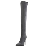 spitze overknee stiefel MISSUIT Damen Stiletto Overknee Stiefel High Heels Spitz 12cm Absatz Boots Reißverschluss(Grau,46)