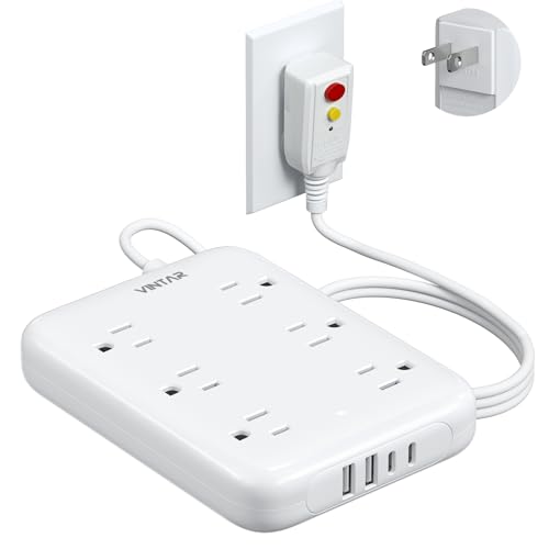 2 Prong GFCI Power Strip VINTAR 2 Prong to 3 Prong GFCI Plug Adapter 6ft Extension Cord with 6 Outlets & 4 USB(2 USB-C) 1050J Surge Protector Polarized Plug Wall Mount for Non-Grounded Outlet