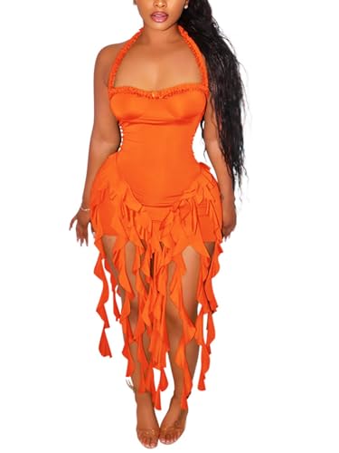 Image of Women's Sexy Fringe Ruffle Halter Neck Off Shoulder Bodycon Blackless Ruched Tassel Hem Mini Flowy Dress