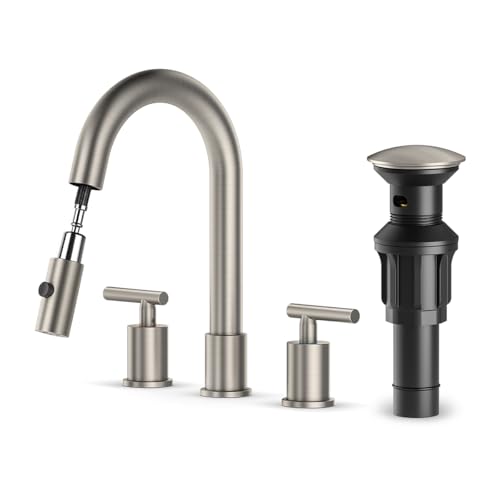 Ryuwanku Brushed Nickel Pull Down Bathroom Faucet with Pop-up Drain, 8 inch Widespread Bathroom Faucet 3 Hole with Pull Down Sprayer 2 Modes, 8'' Brushed Nickel Bathroom Faucet with Supply Lines