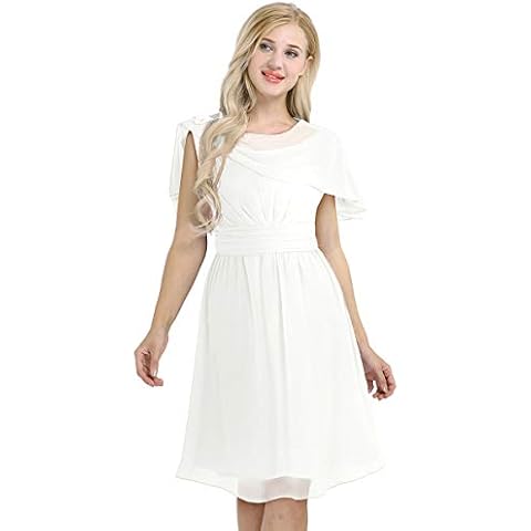 iEFiEL Womens Chiffon Ruffled Cape Sleeve High-Waist Bridesmaid A-line Cocktail Mini Dress White 12 Cover