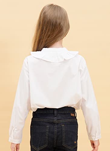 Image of SOLOCOTE Girls White Blouse Ruffle Long Sleeve Button Down Shirts Princess Cotton Loose Soft Tops Spring and Summer, SLN9011 13-14 White