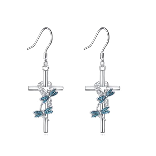 ONEFINITY Cross Earrings 925 Sterling Silver Dragonfly/Butterfly/Hummingbird Dangle Earrings Animal Jewelry Gifts For Women
