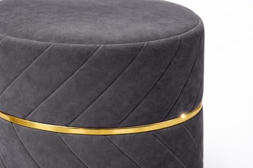 Image of Premium Velvet Puffy Ottoman Stool for Living Room | Round Footrest with Diagonal Channel Stitching & Gold Metal Base | Luxury Pouffe for Bedroom & Dressing Area (Black)