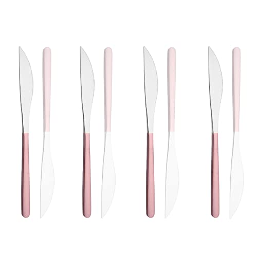BRIIEC Pink Handle Silver Dinner Knives 8 Pieces, 304 Stainless Steel Mirror Steak Knife, Sturdy Butter Knife, Korean Style Dessert Knives Set 8.6-inch, Dishwasher Safe