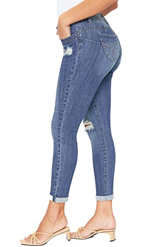 Ymi Junior Women’s Wannabettabutt 2 Button Mid Rise Distressed Cuffed Denim Jeans(Medium Wash Denim,11) #TOP1