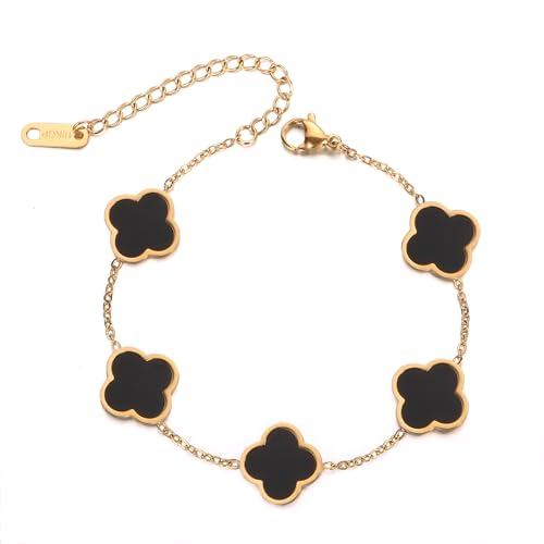 Four Leaf Clover Bracelet 18K Gold Plated Lucky Bracelets for Women Gold Bracelets White/Gold/Black Flower Leaf Link Lucky Bracelets Jewelry Bracelets for Women Trendy Birthday Gifts for Women