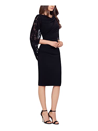 Betsy & Adam Womens Black Stretch Ruched Lace Zippered Zippered Cape-Back 3/4 Sleeve Round Neck Below The Knee Formal Sheath Dress 6 #TOP2