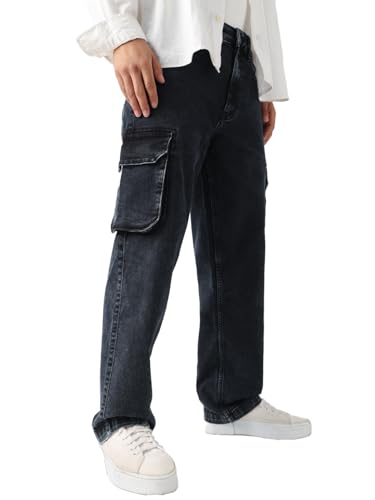 Image of The Souled Store Solids: Stone Grey Men and Boys Buttoned Straight Fit Cargo Jeans