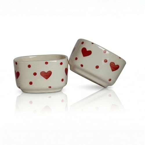 Image of Ceramic Dip Bowls with Heart Shape Design, White and Red, Set of 2, Microwave Safe, 40 ml