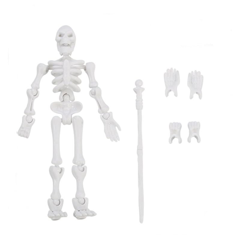 Posable Skeleton Action Figure with Movable Joints, Full Body Assembly Model, Halloween Collectible Table Ornament for Kids，White