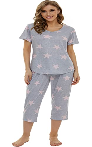 Moyee Women's Pajama Set Soft Lounge Outfits Short Sleeve Capri Pants With Pockets(#01 Grey Ps, Medium) #TOP3
