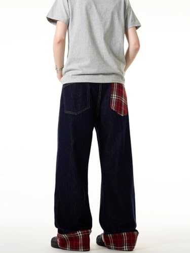 GUOYUXIAO Men's Jeans Retro Checkered Denim Pants American-Style Relaxed Straight-Leg Trouser for Men4