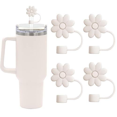 Flower Straw Covers Toppers for Stanley Cups 30&40 Oz Tumbler Accessories 4PCS Silicone Straw Caps Reusable Tips Protectors for Stanley Cup 10mm 0.4in Straws,Off White