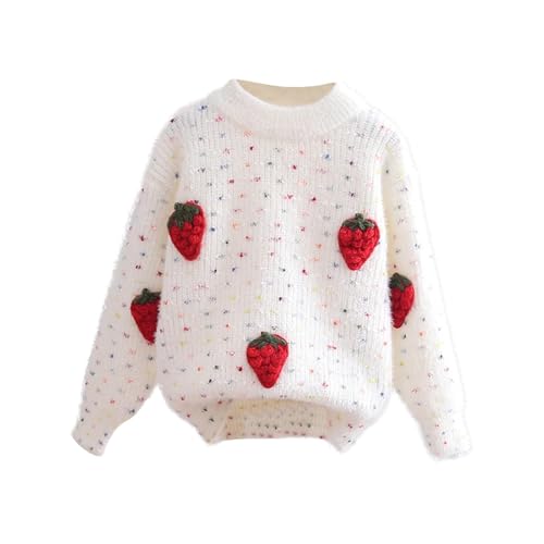 Girls Strawberry Appliques Cute Crewneck Sweaters Long Sleeve Kids Fall Winter Cozy Knit Pullover Jumper Tops for 1-12 Years
