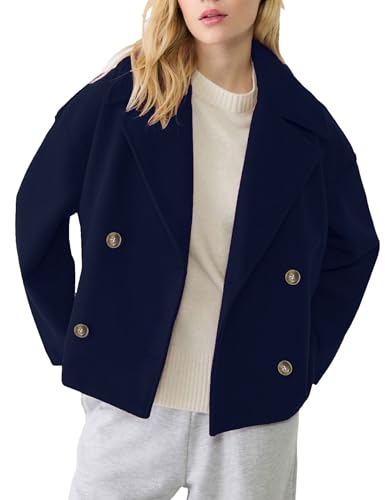 Image of Korebow Womens Cropped Pea Coat Long Sleeve Notched Lapel Trench Overcoat Casual Double Breasted Jackets with Pockets(0398-Navy-M)