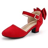 PANDANINJIA Girls Heels Sandals Toddler Flower Girl Dress Shoes Princess Mary Jane Pumps Low Heel Wedding Party Wendy Shoes for Little Kid/Big Kid Size 4, Red Suede