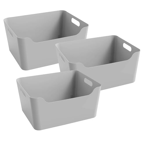 Image of KOLORR Jolly Plastic XL Baskets with Handle for Storage Box| Multipurpose Light Weight Plastic Baskets organiser for Clothes Toys Stationary Cosmetics Livingroom Bathroom | Pack of 3 - Grey