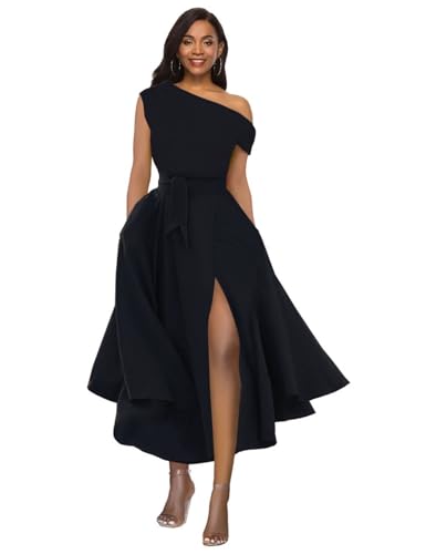 Women's Elegant Off Shoulder Sleeveless Belted Side Slit Cocktail Swing Dress with Pockets3